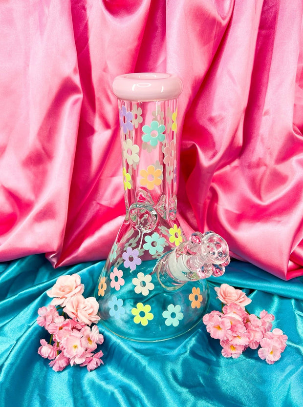 Pink Rainbow Daisies 10in Glass Water Pipe/Bong