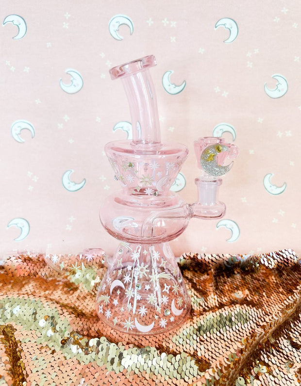 Pink Moons & Stars Glass Water Pipe / Dab Rig 🌙 Celestial Piece