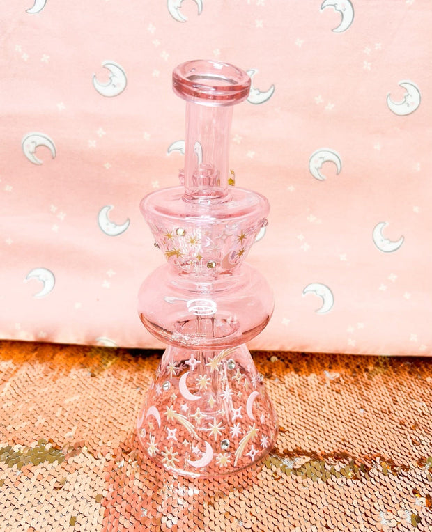 Pink Moons & Stars Glass Water Pipe / Dab Rig 🌙 Celestial Piece