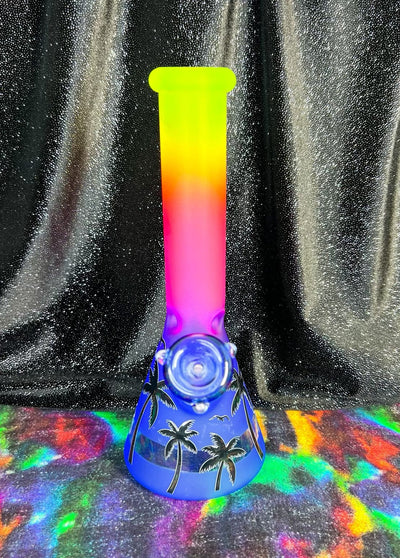 Rainbow Frosted Palm Trees 10in Glass Water Pipe/Bong