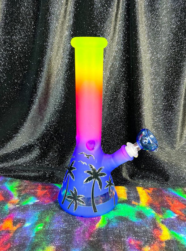 Rainbow Frosted Palm Trees 10in Glass Water Pipe/Bong