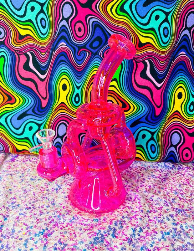 Neon Hot Pink 9in Recycler Glass Water Pipe/Dab Rig
