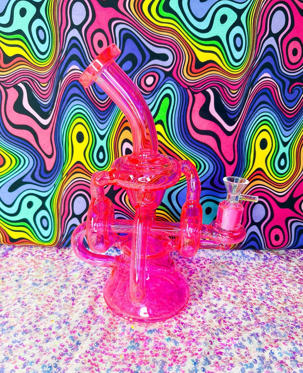 Neon Hot Pink 9in Recycler Glass Water Pipe/Dab Rig