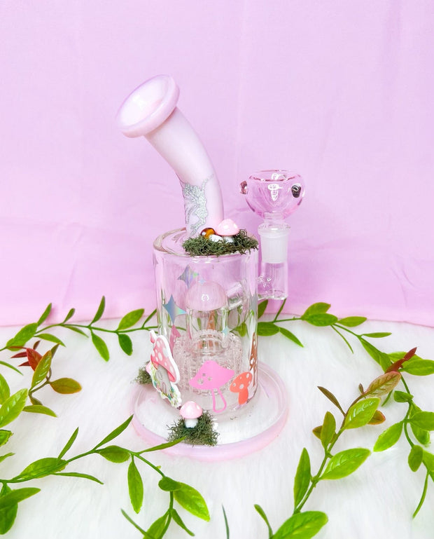 Pink Magical Mushroom Bent Neck Glass Water Pipe/Dab Rig