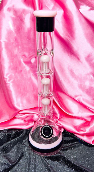 Pink & Black 18in Triple Tree Perc Glass Water Pipe/Bong