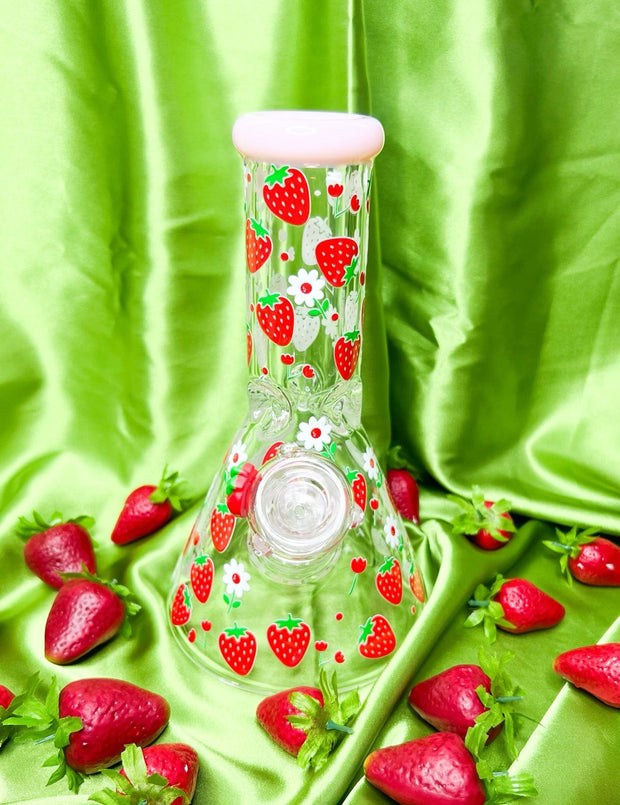 Pink Strawberry Daisies Glass Water Pipe/Dab Rig