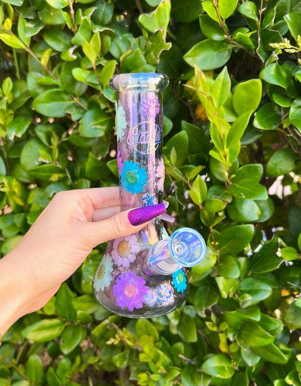 Iridescent Purple and Blue Flowers 8in Beaker Glass Water Pipe/Bong