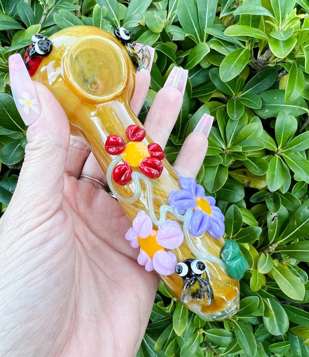 Amber Bees & Ladybugs Glass Hand Pipe