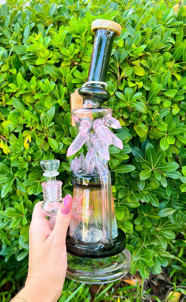Cheech Pink Fumed Crystal Recycler Glass Water Pipe/Rig