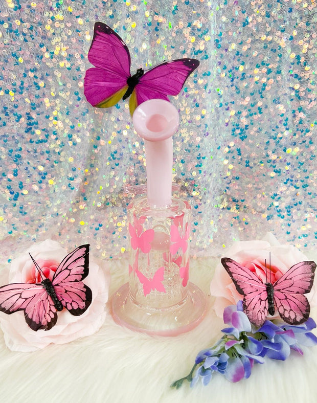 Milky Pink Purple Butterflies Glass Water Pipe/Dab Rig