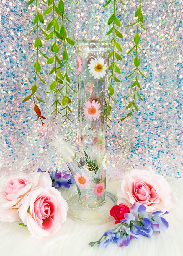 Iridescent StayLit 12in Floral Straight Tube Glass Water Pipe/Bong