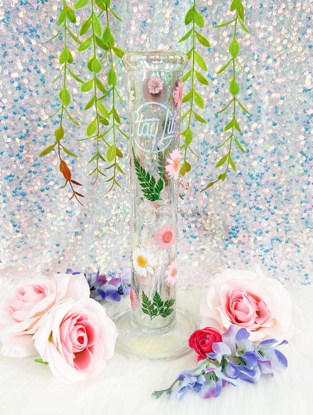Iridescent StayLit 12in Floral Straight Tube Glass Water Pipe/Bong
