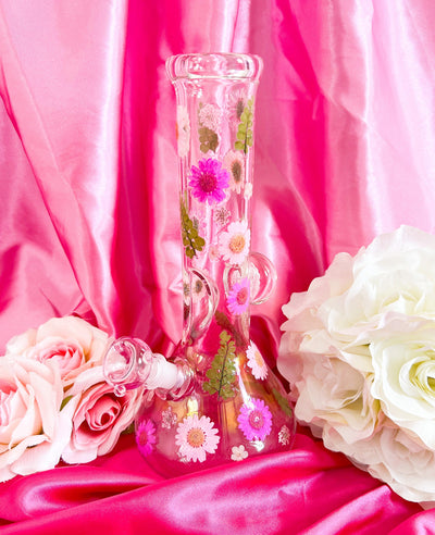 Pretty In Pink Dried Floral Implosion Glass Water Pipe/Bong