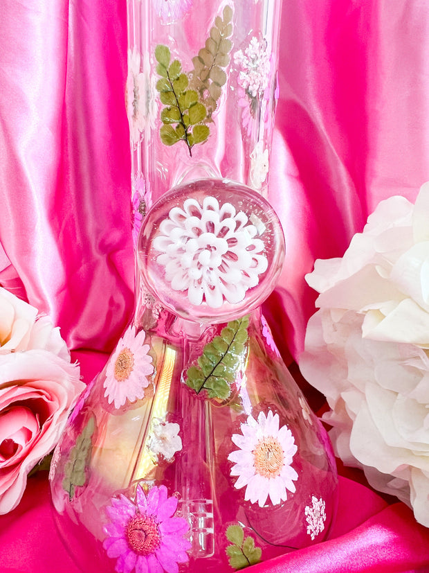 Pretty In Pink Dried Floral Implosion Glass Water Pipe/Bong