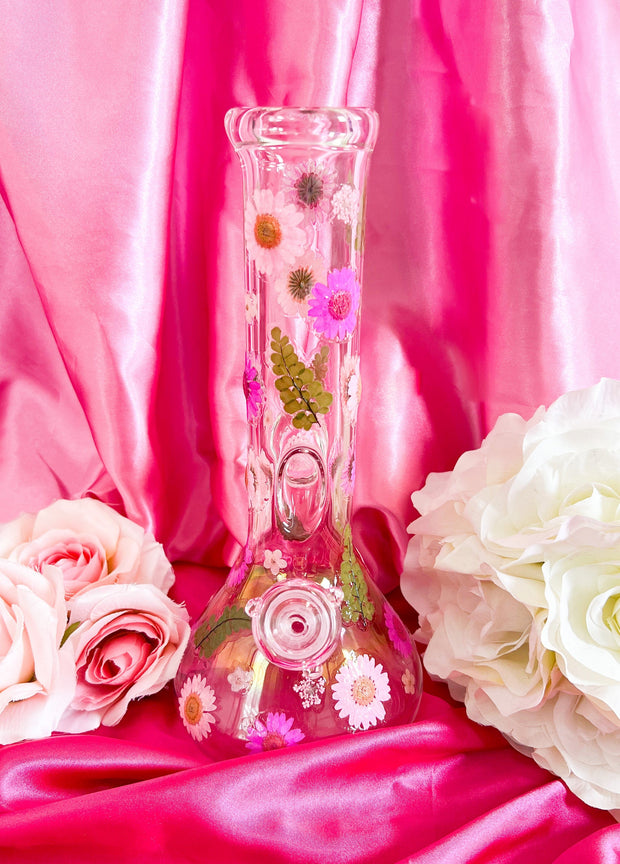 Pretty In Pink Dried Floral Implosion Glass Water Pipe/Bong