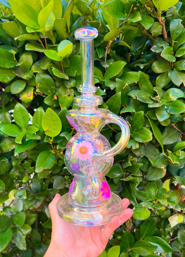 Iridescent Orb Dried Floral Recycler Glass Water Pipe/Dab Rig