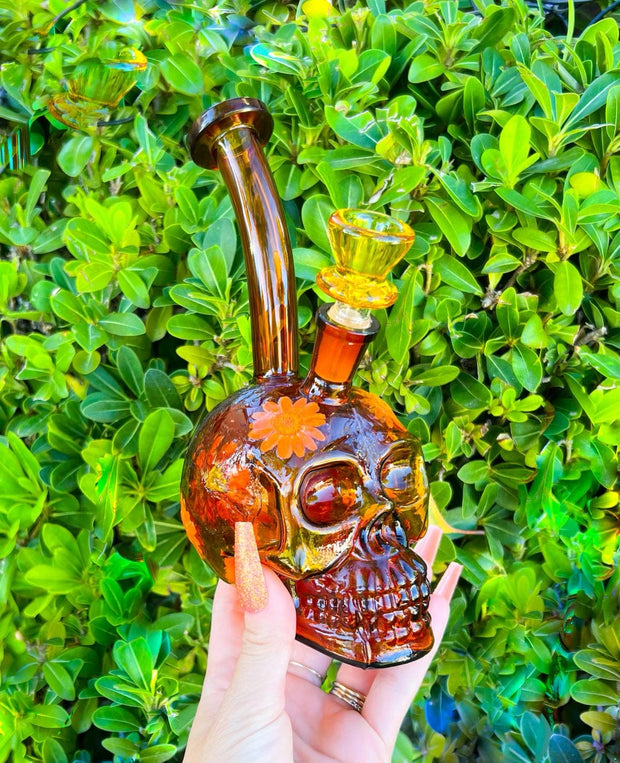 Spooky Skull Dried Floral Glass Water Pipe/Dab Rig