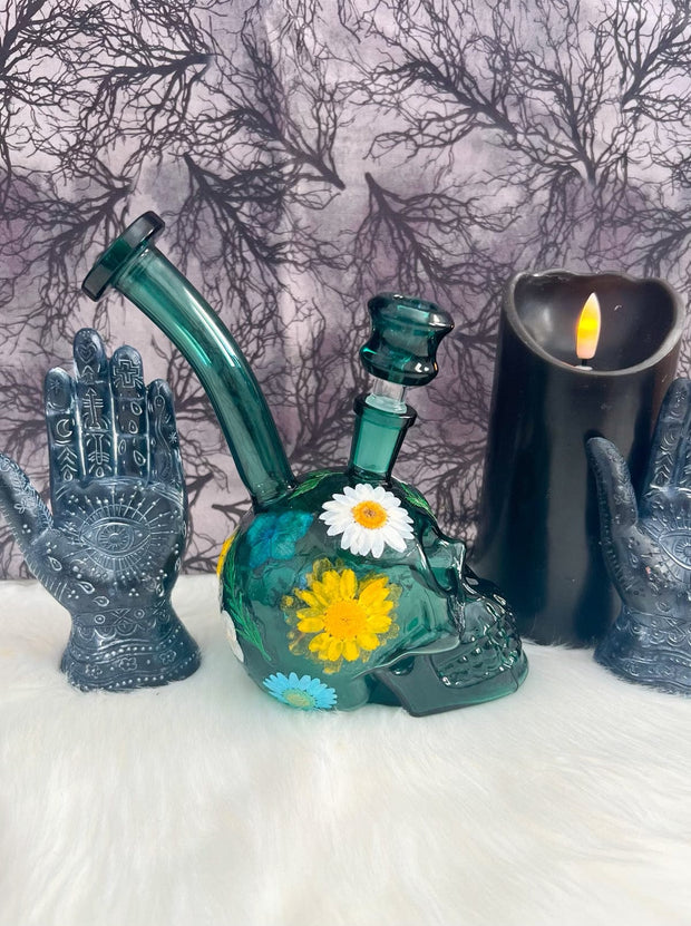 Spooky Skull Dried Floral Glass Water Pipe/Dab Rig