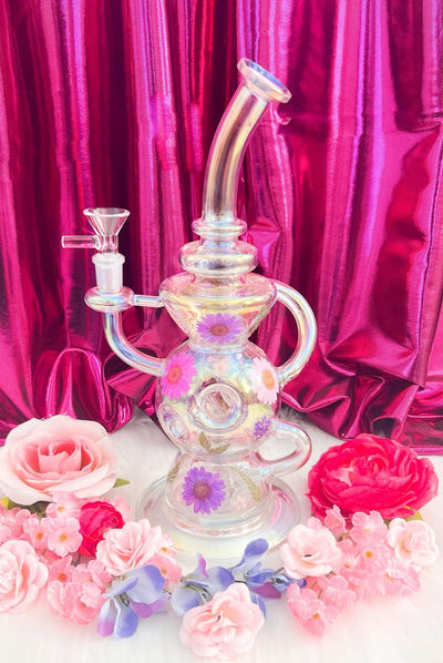 Iridescent Orb Dried Floral Recycler Glass Water Pipe/Dab Rig