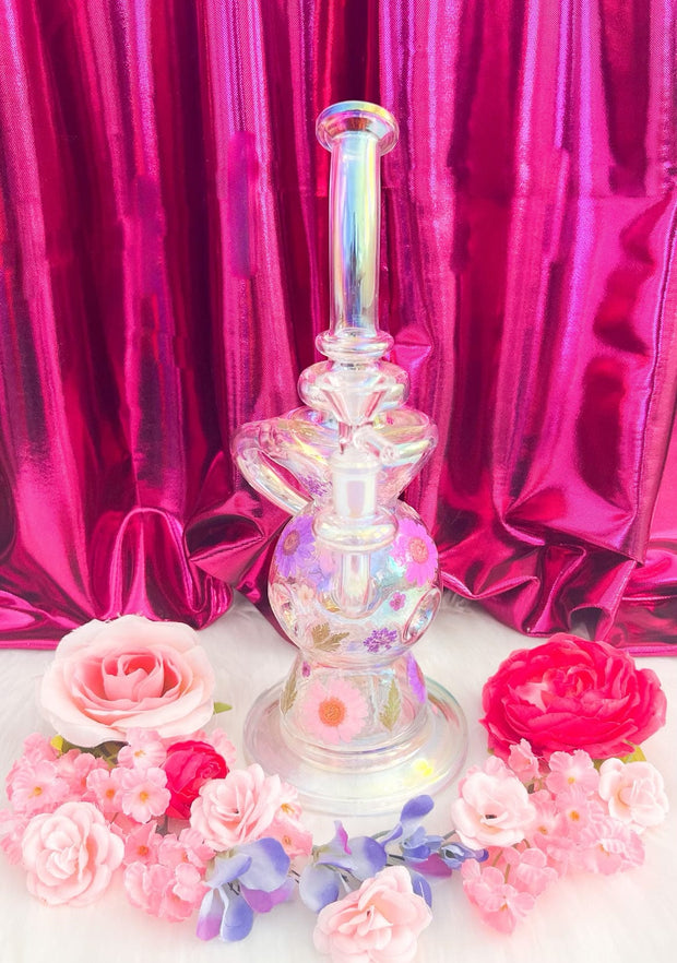 Iridescent Orb Dried Floral Recycler Glass Water Pipe/Dab Rig