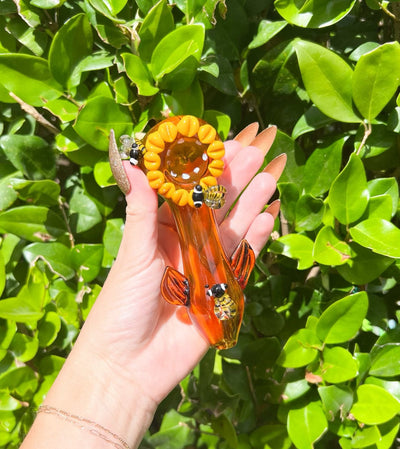 Amber Sunflower Bee Glass Hand Pipe