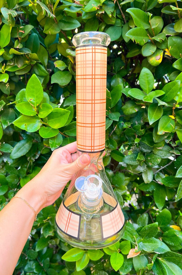 Beige Plaid Beaker Glass Water Pipe/Bong
