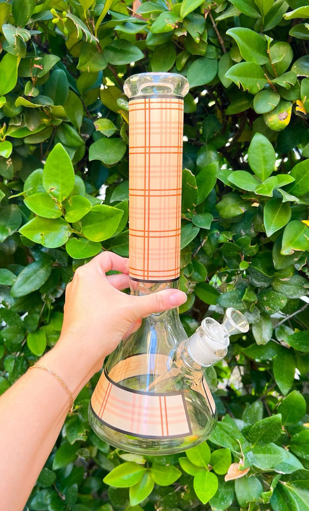 Beige Plaid Beaker Glass Water Pipe/Bong