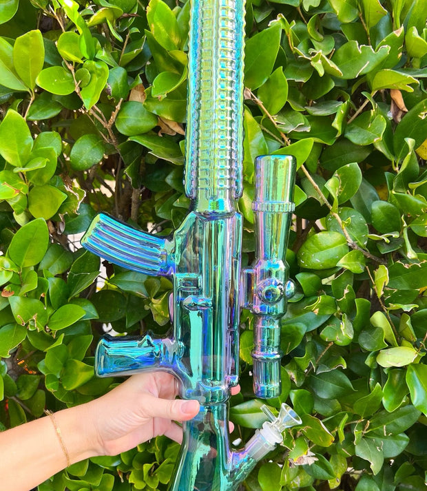 Blue Green Iridescent Assault Rifle Glass Water Pipe/Bong