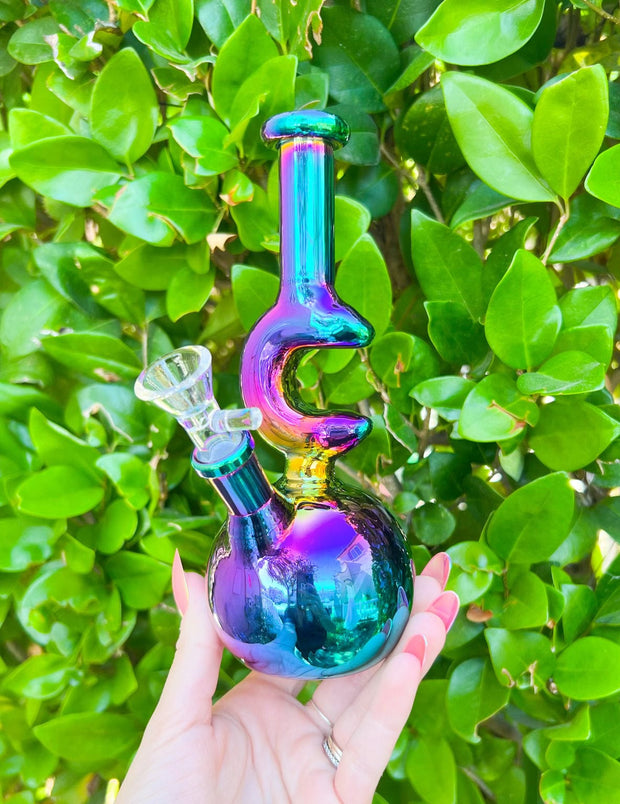 Iridescent Crescent Moon Glass Water Pipe/Bong