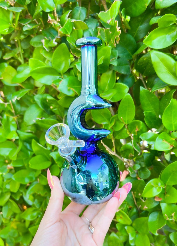 Iridescent Crescent Moon Glass Water Pipe/Bong