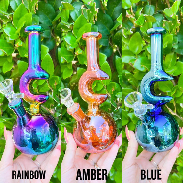 Iridescent Crescent Moon Glass Water Pipe/Bong