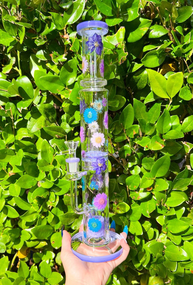 Milky Purple 16 Inch Dried Floral Double Perc Glass Water Pipe/Dab Rig