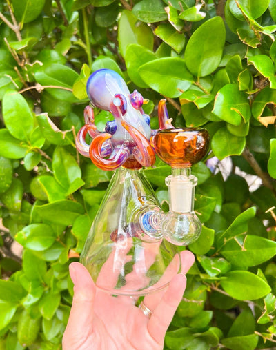 Izzy The Glassblower Amber Purple Octopus Heady Glass Water Pipe/Dab Rig