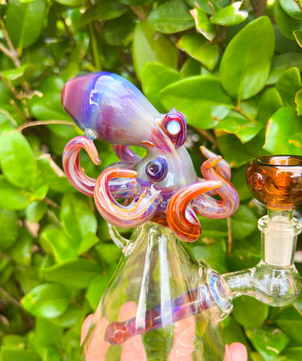 Izzy The Glassblower Amber Purple Octopus Heady Glass Water Pipe/Dab Rig