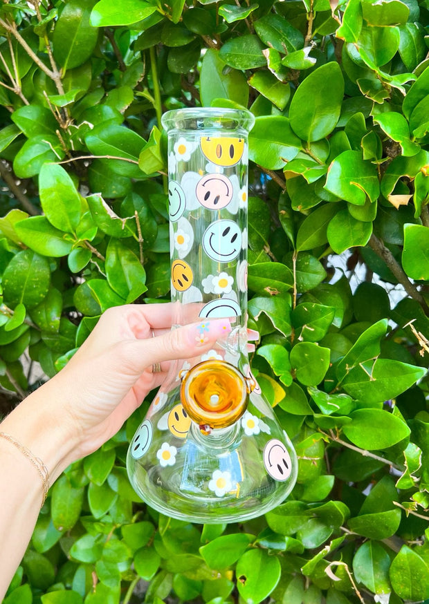 Pastel Smiley Faces Daisies 10in Glass Water Pipe/Bong