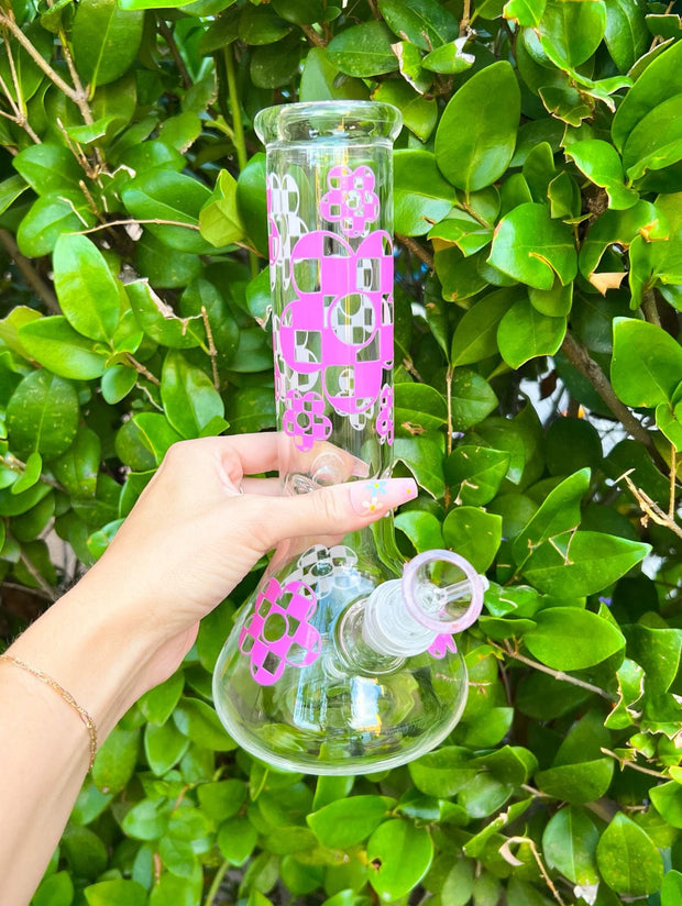 Pink Checkered Daisies 10in Glass Water Pipe/Bong