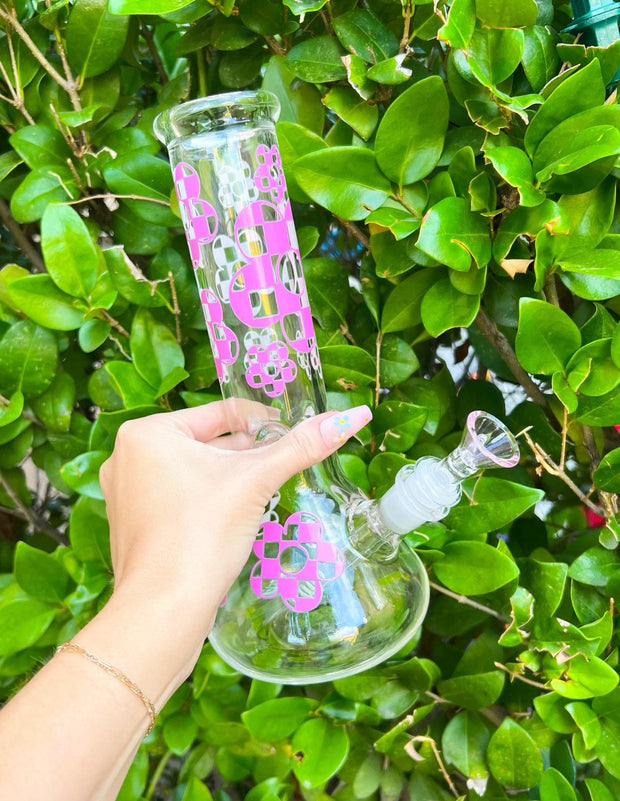 Pink Checkered Daisies 10in Glass Water Pipe/Bong