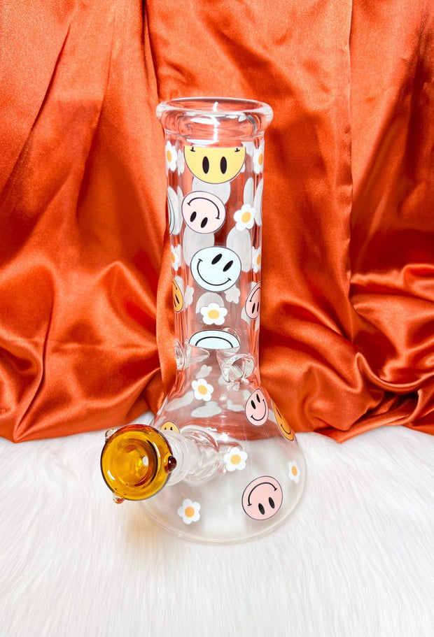 Pastel Smiley Faces Daisies 10in Glass Water Pipe/Bong