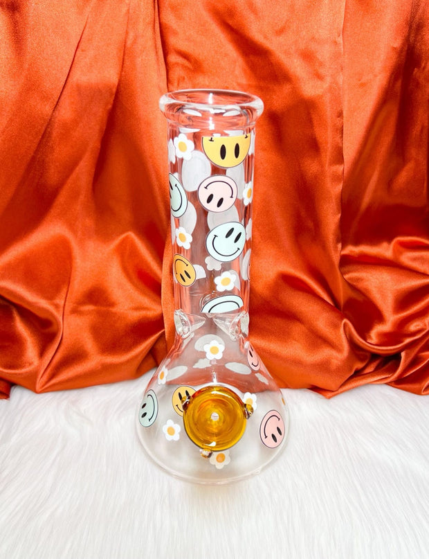 Pastel Smiley Faces Daisies 10in Glass Water Pipe/Bong