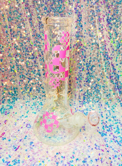 Pink Checkered Daisies 10in Glass Water Pipe/Bong