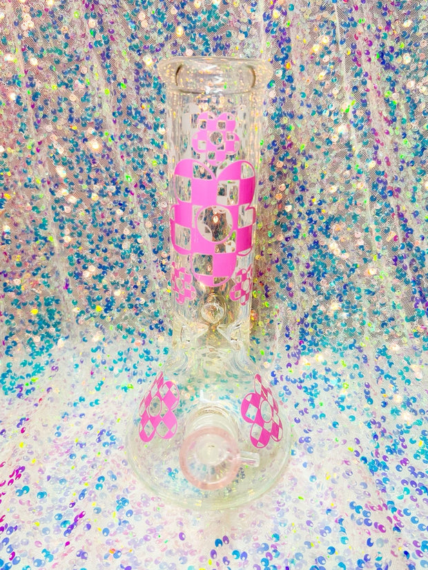 Pink Checkered Daisies 10in Glass Water Pipe/Bong