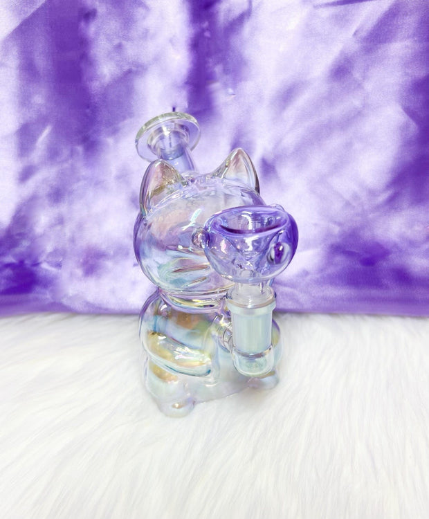 Iridescent Lucky Cat Glass Water Pipe/Dab Rig