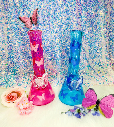 Pink & Blue Butterflies 10in Glass Water Pipe/Bong