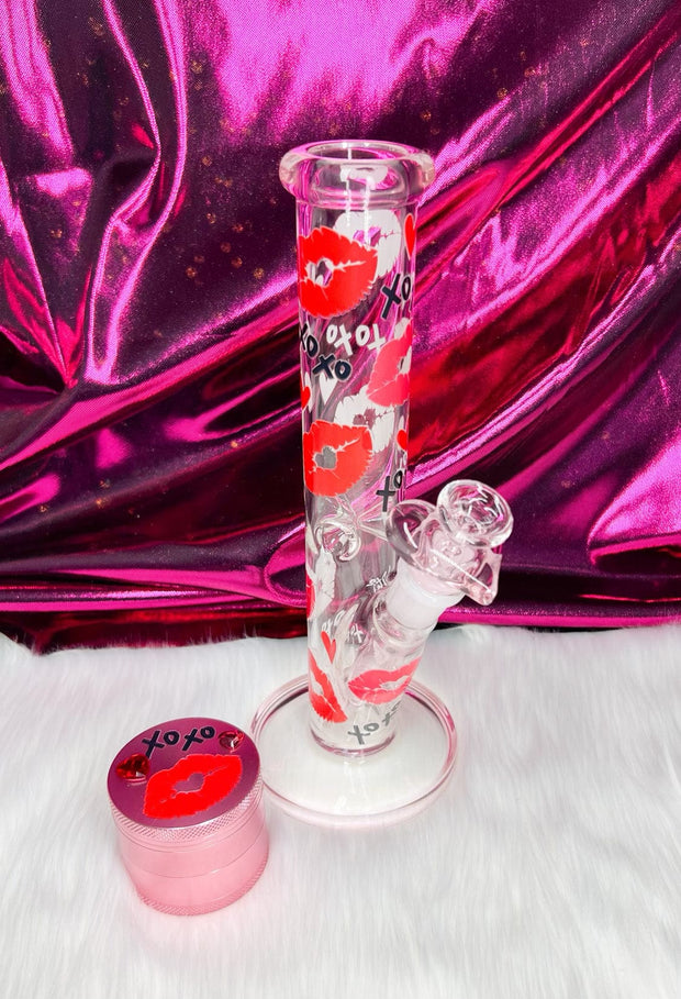 Pink Lips XOXO 10in Straight Tube Glass Water Pipe/Bong