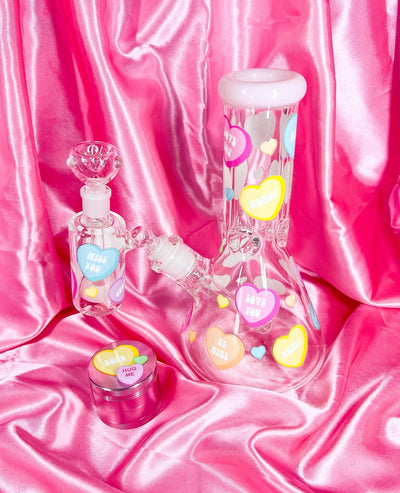 Milky Pink Candy Hearts 10in Glass Water Pipe/Bong