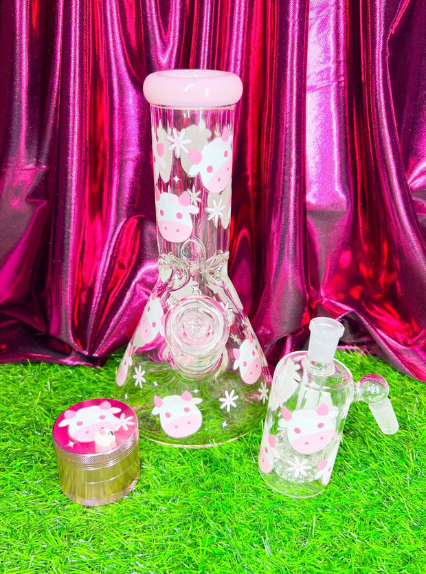 Pink Cow 10in Glass Water Pipe/Bong