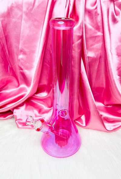 Pink neon iridescent 16 inch bong on pink background super girly and cute