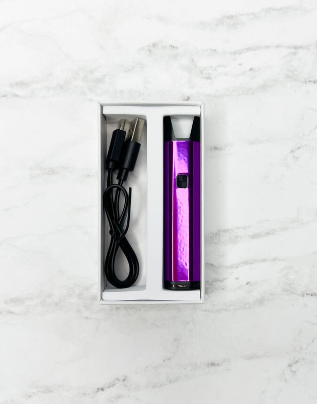 Purple Metallic Stiiizy Pro Battery With USB-C Charger On White Background