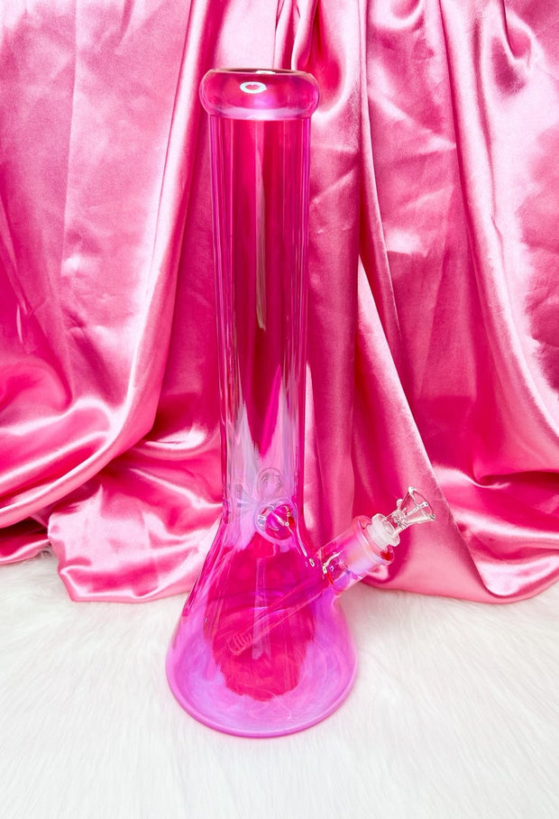 Side profile of the neon pink 16 inch beaker bong