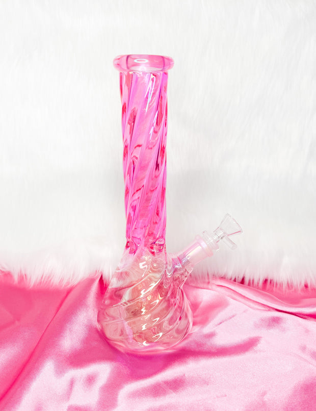 Side profile of pink iridescent swirl bong